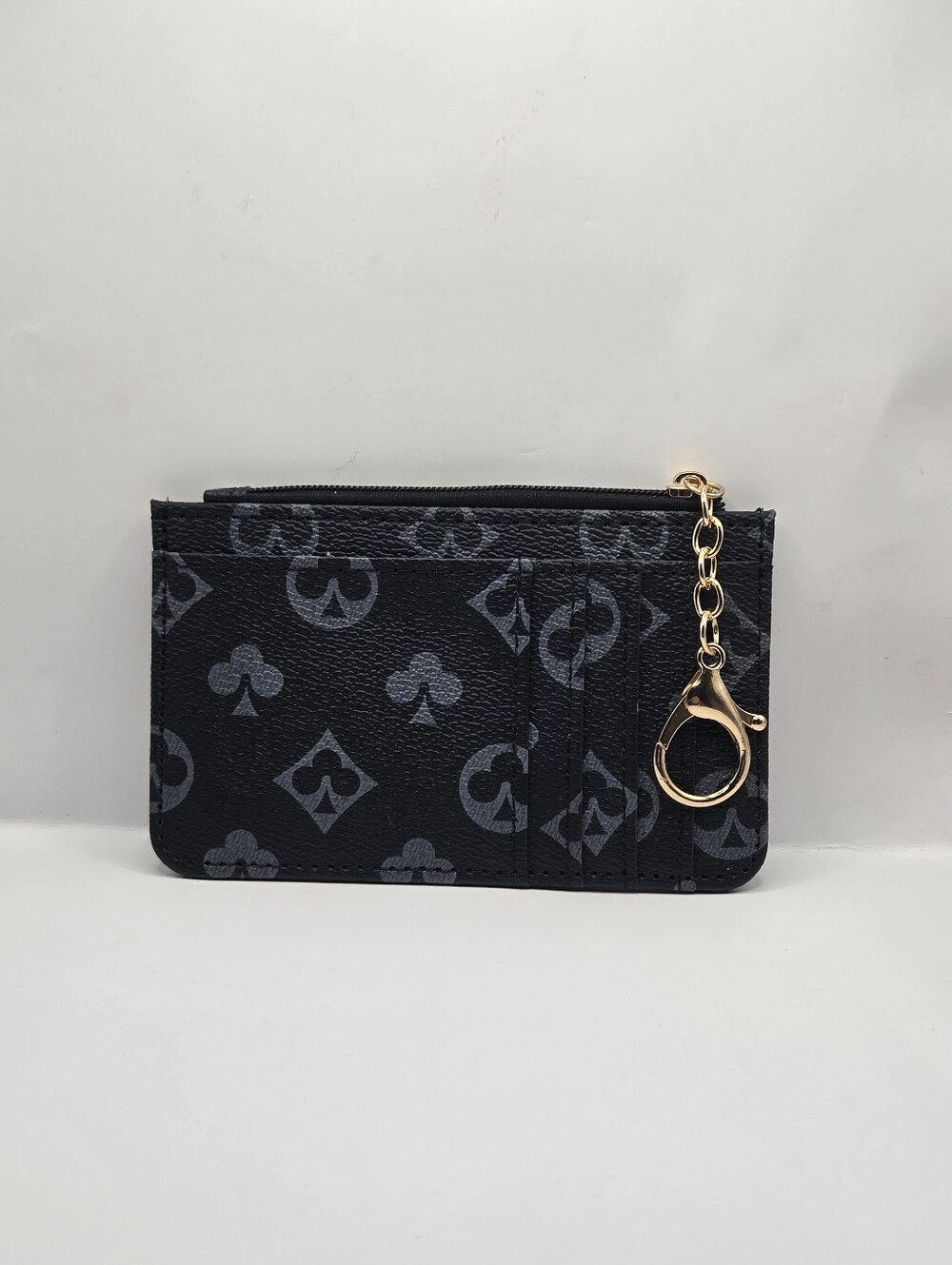 Black & Gray Print Zip Card Holder Keychain Wallet Gold Tone Clip